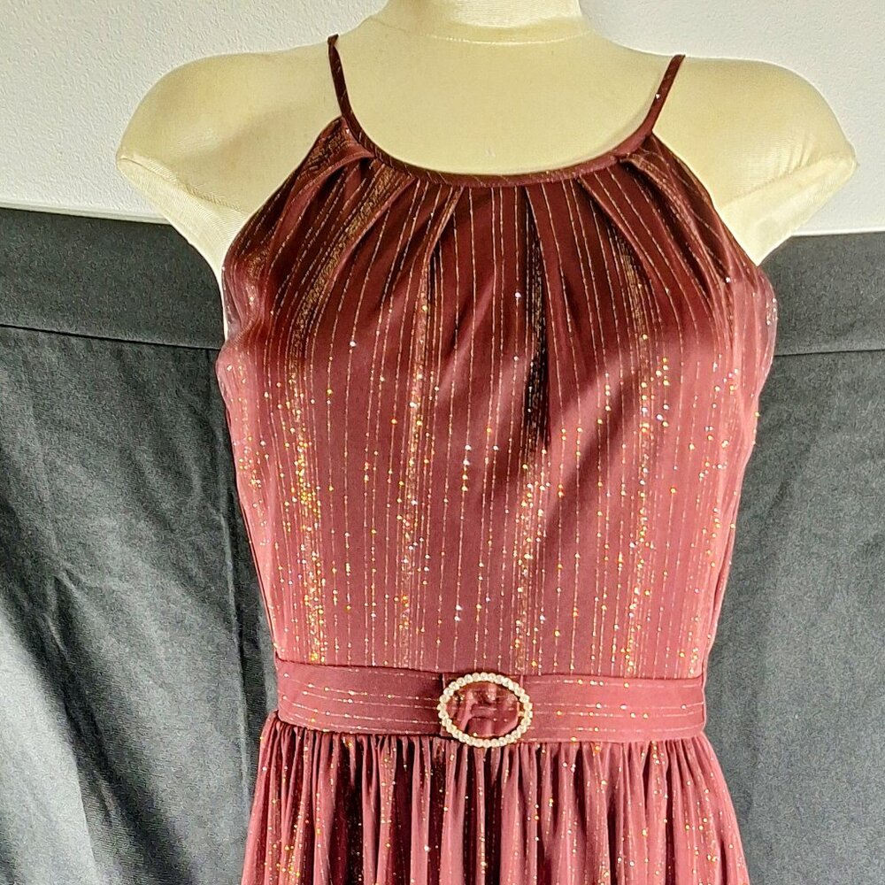 Alexa B Nites Floor Length Sleeveless Gold Shimmer Wine Chiffon Gown Formal 6